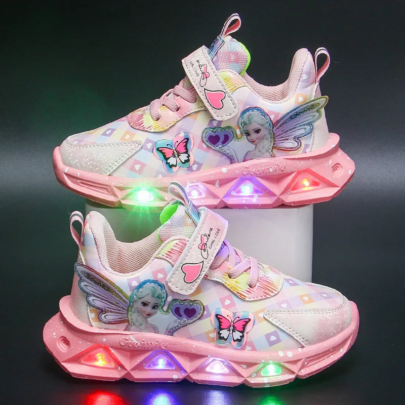 Disney Children's Sports Shoes Led Lights Sneaker Cartoon Frozen Princess  Elsa PU Leather Girls' Pink Children's Running Shoes.