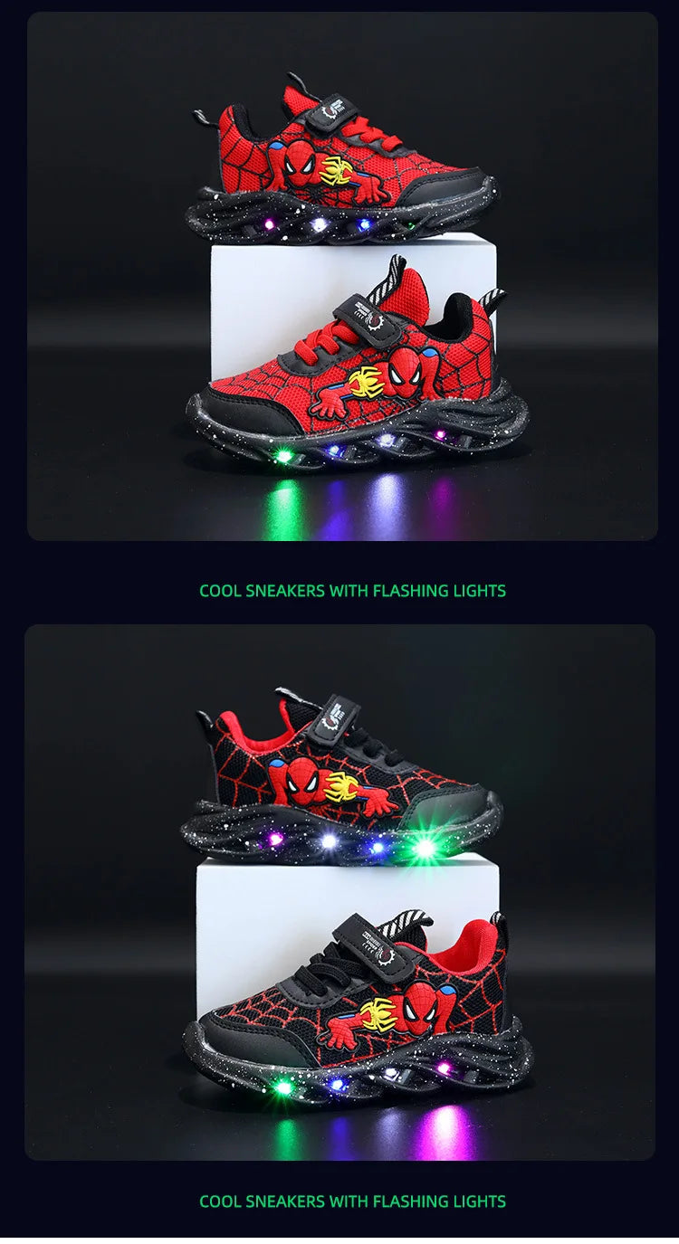 Disney LED Casual Sneakers Red Black For Spring Boys Mesh Outdoor Shoes Children Lighted Non-slip Shoes Size 21-30.