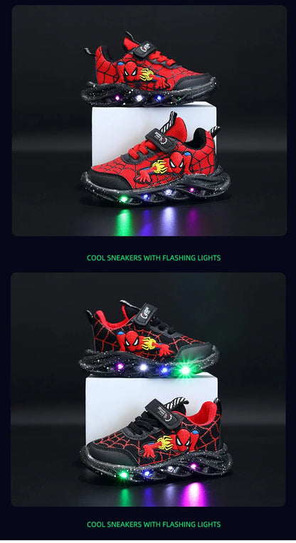 Disney LED Casual Sneakers Red Black For Spring Boys Mesh Outdoor Shoes Children Lighted Non-slip Shoes Size 21-30.