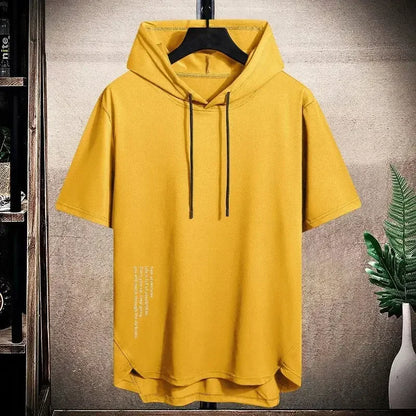 2025 Men's Summer Hoodies T-shirts Short Sleeve Solid Color Loose Hooded Drawstring Pullover Tops Basic Tees for Daily Wear Male