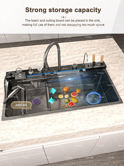 Küchenspüle aus Edelstahl mit Wasserfall, Einzelschüssel, Digitalanzeige, extra großer Schlitz, multifunktionale Waschbecken