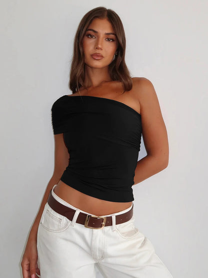 Dulzura One Shoulder Sleeveless Ruched Backless Bodycon Tank Top Women'S Solid Sexy Elegant Y2K Top Party Clubwear Summer Outfit