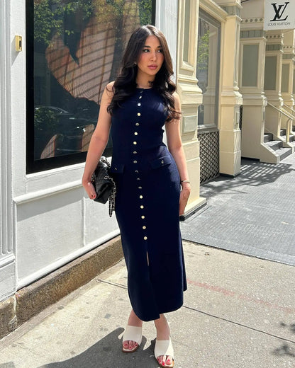 Tossy Strick-Maxikleid mit gerippter Strickjacke, weiblich, hohe Taille, schlanke Tasche, ärmellos, elegantes Partykleid, Damen-Strickwaren, langes Kleid