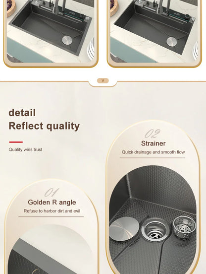 Wasserfall-Küchenspüle aus Edelstahl, multifunktional, groß, Einzelschlitz, Geschirrspülbecken, Küchenrenovierung