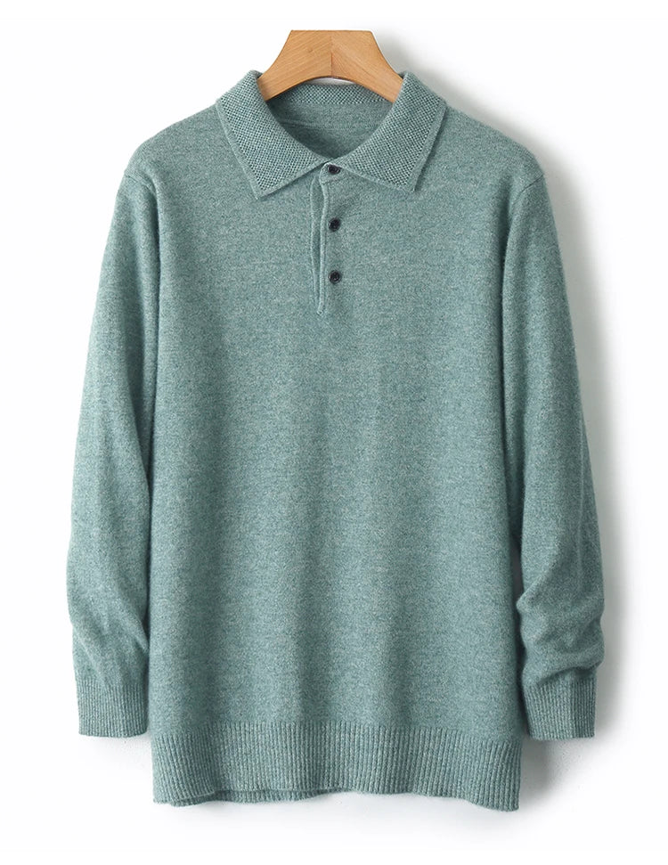 LHZSYY 100%Merino Wool Hot Cardigans Men Lapel Pullover Long Sleeve POLO Neck Sweaters Loose Tops Knit Clothing Large Size Shirt