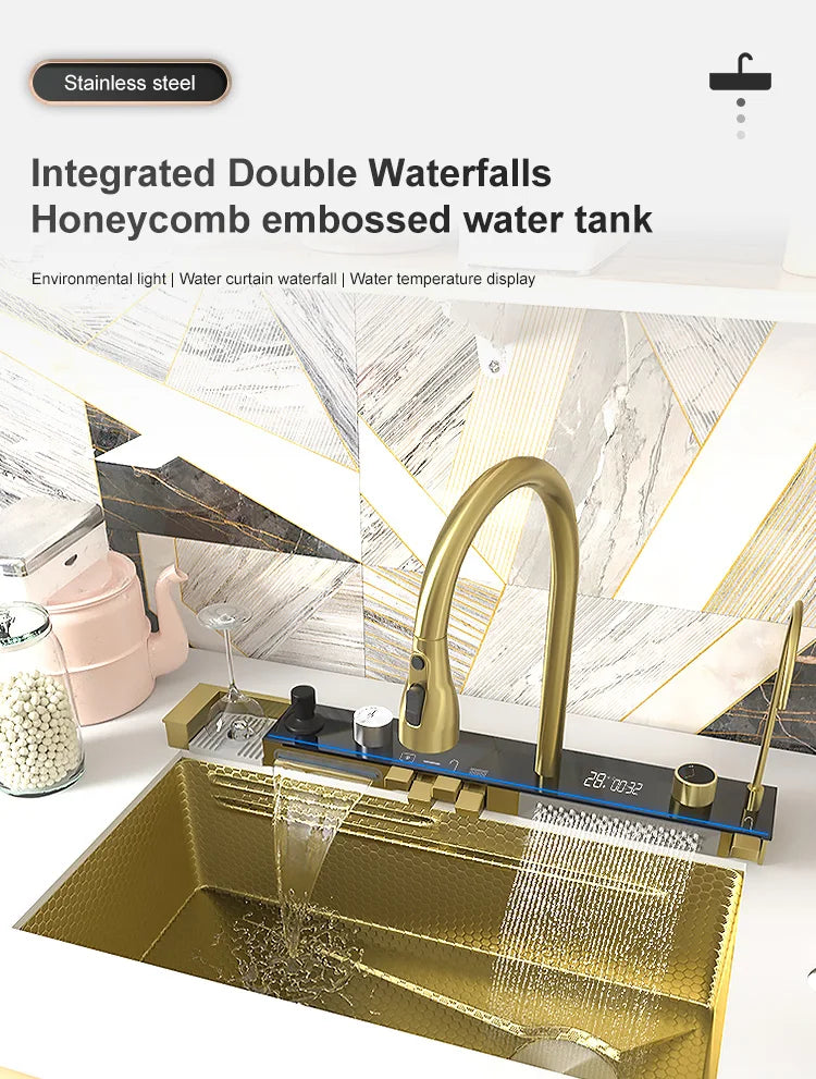 Goldene Küchenspüle aus Edelstahl, multifunktionale Wasserfall-Auslass, Einzelschlitz, Klavierknopf, Digitalanzeige
