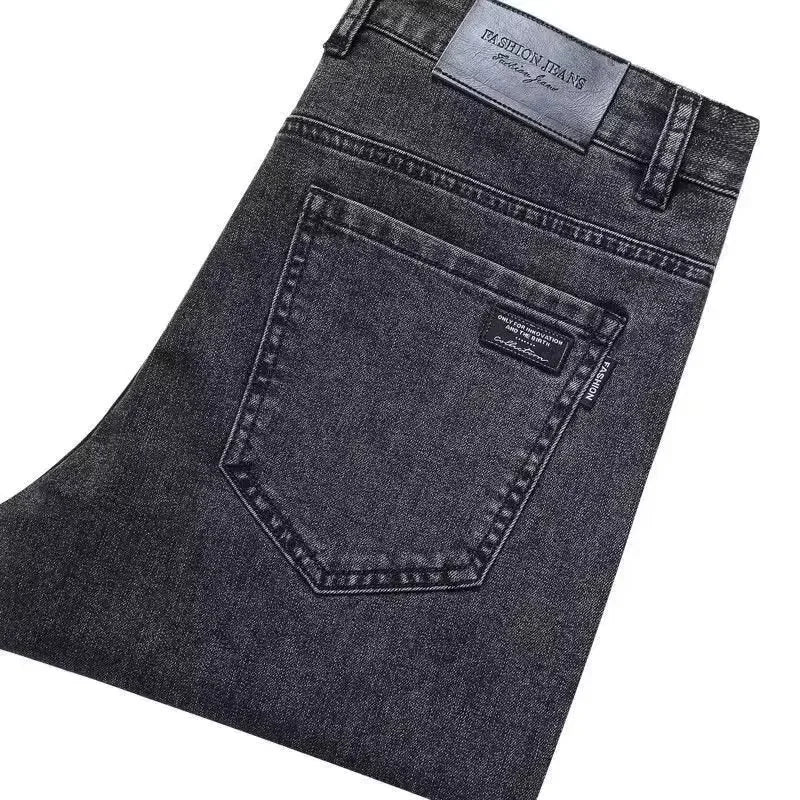Slim Fit Stretch Business Men's Jeans Summer Trendy Thin Style Male Denim Pants Mid Waist Washed Design Casual Trousers.