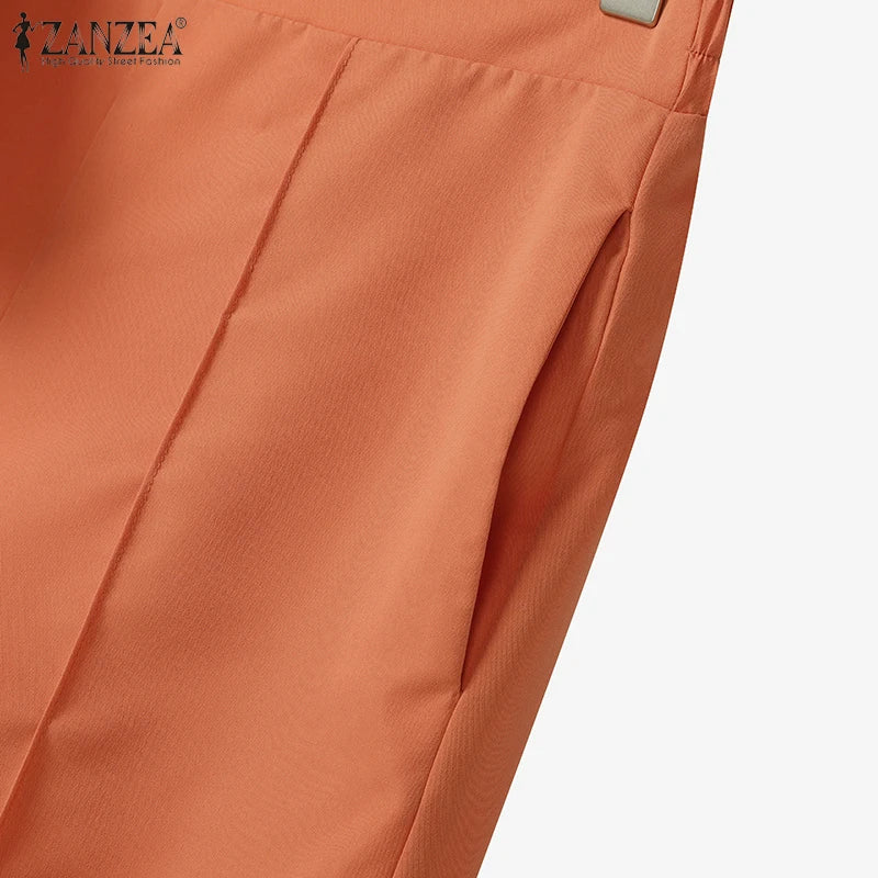 ZANZEA Fashion 2 Piece Sets Woman Elegant V-Neck Short Sleeve Shirts Wide Leg Pants 2pcs Suits Office Lady Commuting Pant Sets.