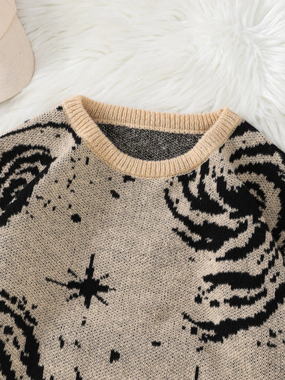 New Popular Street Ripped Abstract Starry Sky Pattern Pullover Ripped Sweater Casual Round Neck Knitted Men's Pullover.