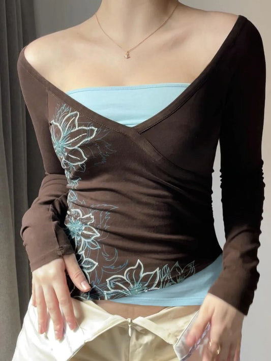 Korobov Y2k Sexy Contrast Color V Neck Long Sleeve Fake Two Piece Flower Print vintage T-Shirts.