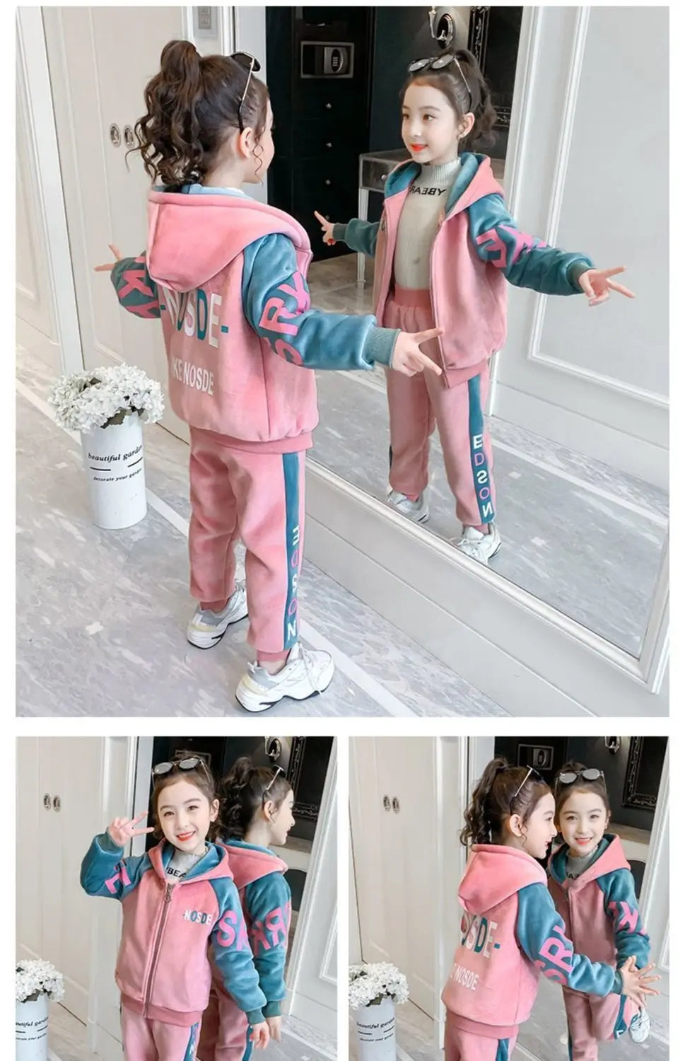 New Winter Keep Warm Girls Clothing Set Padded Lining With Plush Velent Hooded Jacket+Pants 2pcs Suit For 3-12 Years Kids.