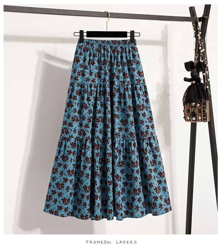 2025 Vintage Draped Elegant Chinese Style Women's Half-length Skirts Autumn Floral Pleated A- Line Skirt With Lining