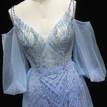 Jancember LSZ053 Elegant V-neck Sequins Mermaid Evening Dresses with Flowing Sleeve.