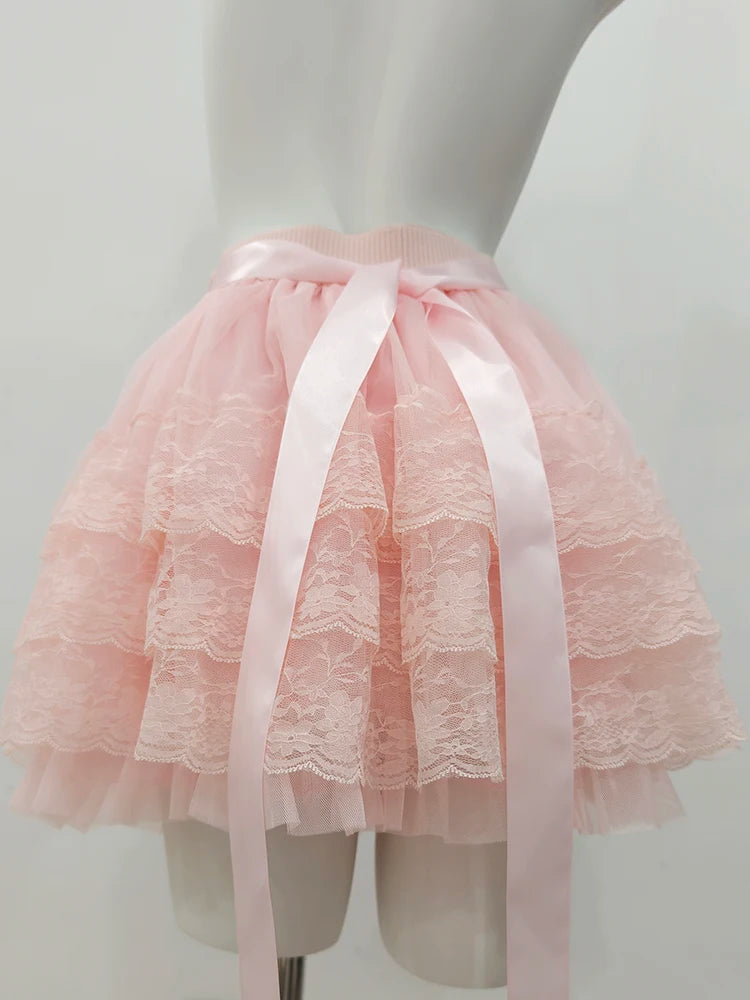 Multilayered Lace Skirts for Sweet Girls Summer Ribbons Bows Decoration Elastic Waist Lolita Style White Skirt Kawaii Clothes.