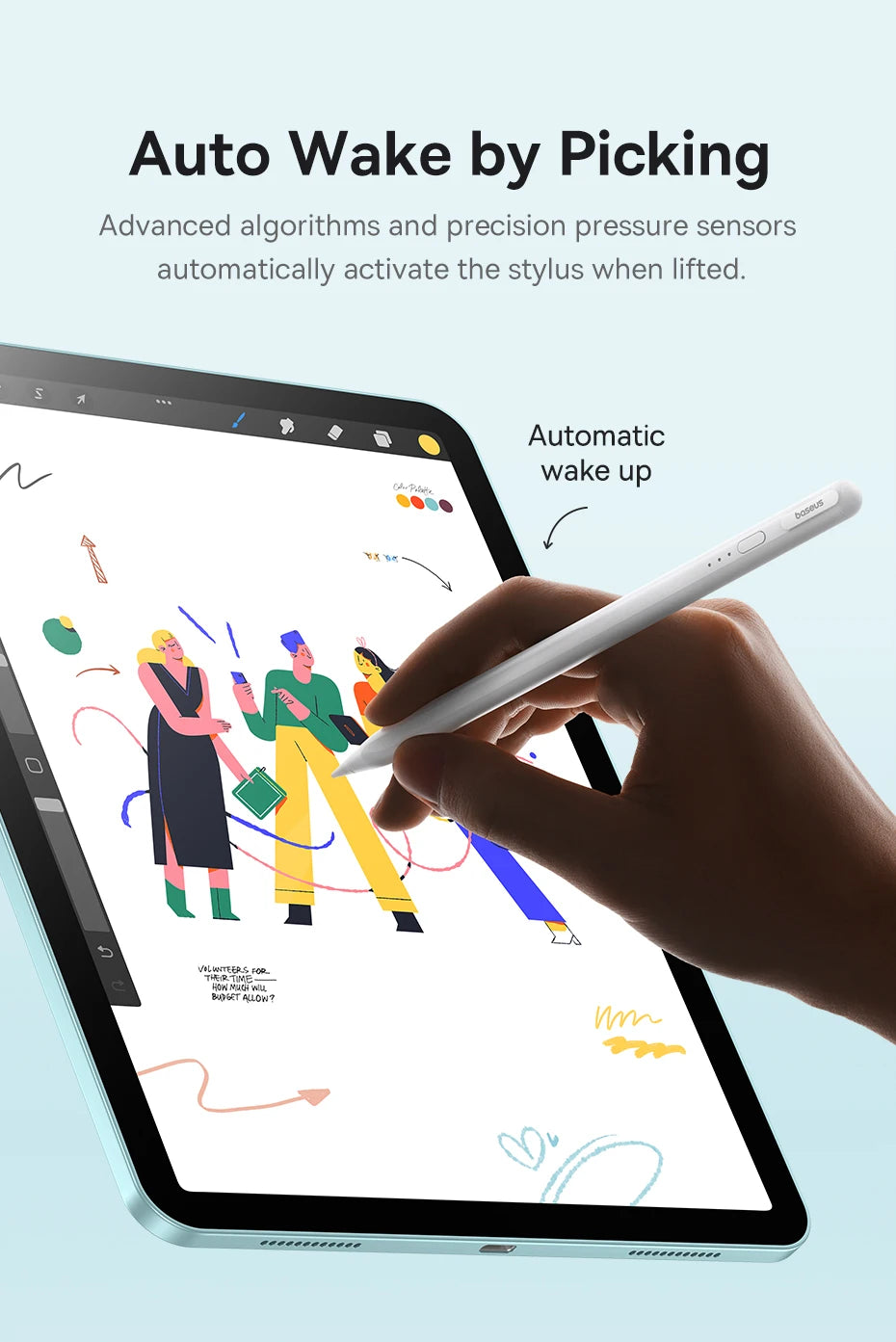 Baseus 3rd Gen Bluetooth Stylus for Apple Pencil Palm Rejection Compatible with iPad pro Mini Air 2024 2022-2018 for Apple Pen.