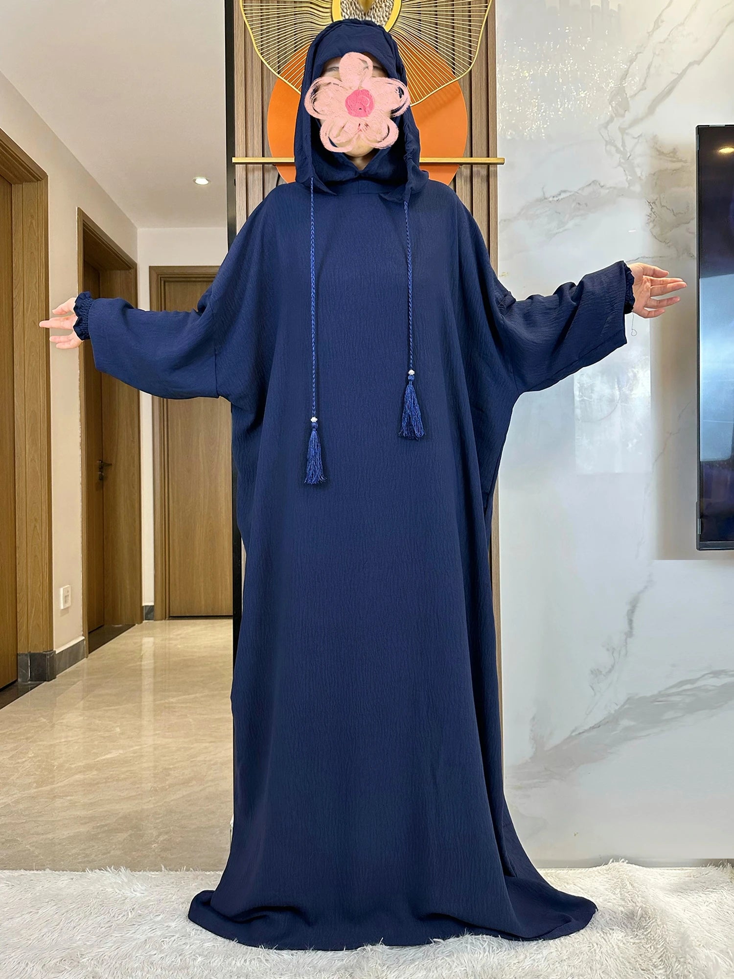 Muslim Abaya Solid Cotton Pullover Two Hat Women Eid Hooded Long Maxi Dress Turkey Kaftan Arab Robe Islamic Hijab Dubai Clothing.