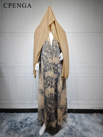 2025 sommer Arabisch Frauen Muslimische Kleidung Ramadan Dubai Offene Abaya Kleid mit Hijab Islam Gedruckt Chiffon 2 Stück Outfit.