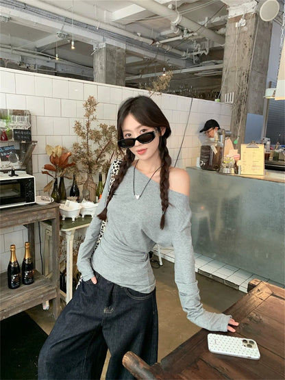 Women Sexy Off Shouder Tops 2025 Fashion New In Y2k Hot Girl Slim Long Sleeve Shirts Solid Autumn Spring Chic T-shirt Streetwear.
