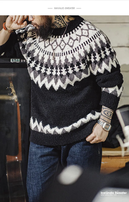 Maden Vintage Heavyweight Fair Isle Icelandic Sweater Round Neck Jacquard Bottom Knitwear Thickened Warm Pullovers for Christmas.