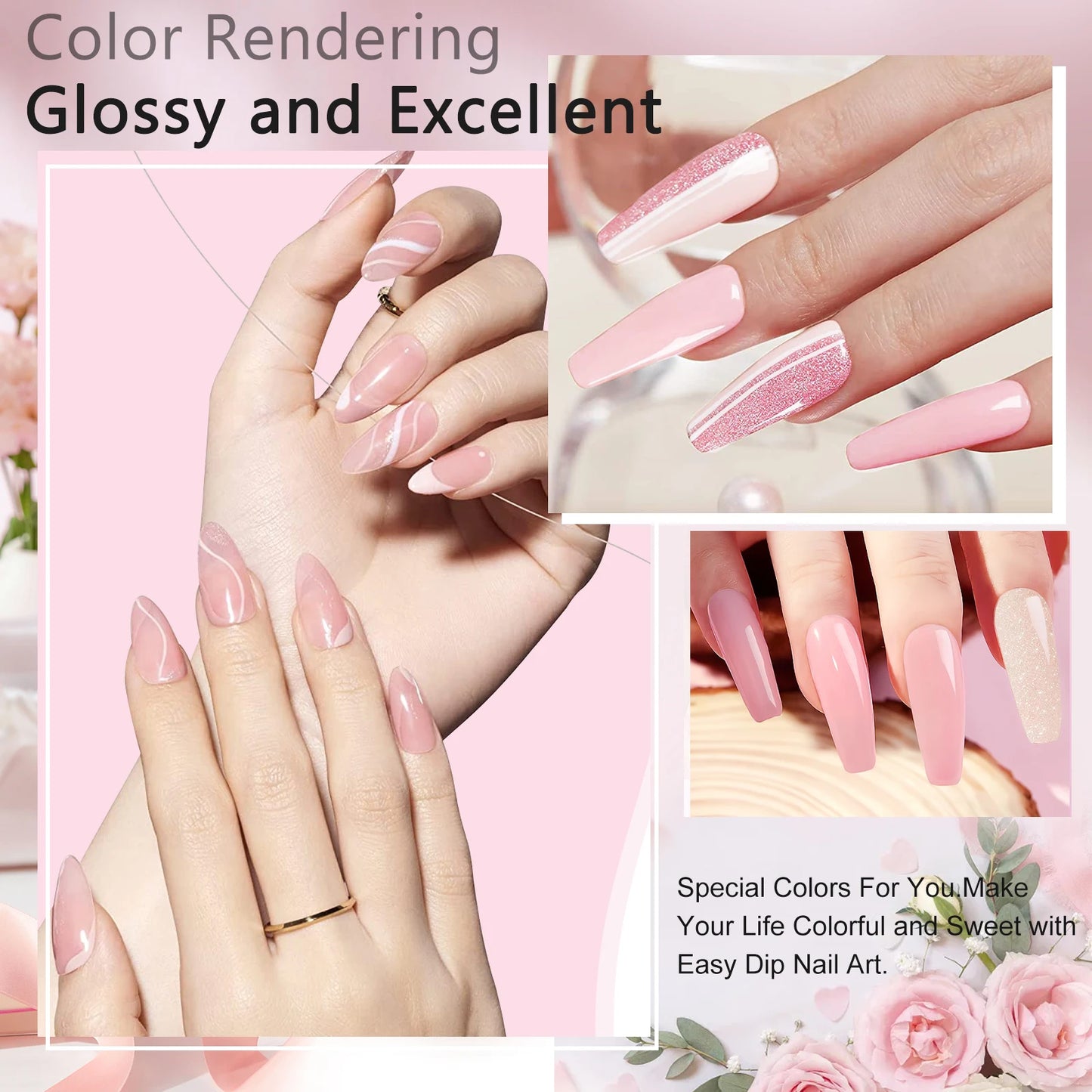 Dip Nails Powder Kit Acrylic Dipping Powder Set with Base Top Coat Activator for French Nail Art Manicure Salon DIY Gift No UV.