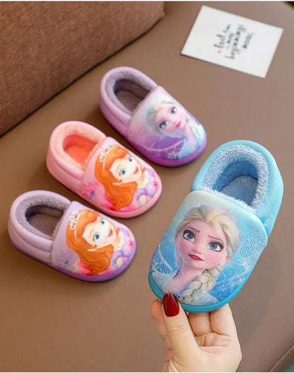 Disney Princess Elsa Winter Children's Heel Cotton Slippers Girls' Warm Frozen Kids' Cotton Black Purple Flats Shoes Size 24-40.