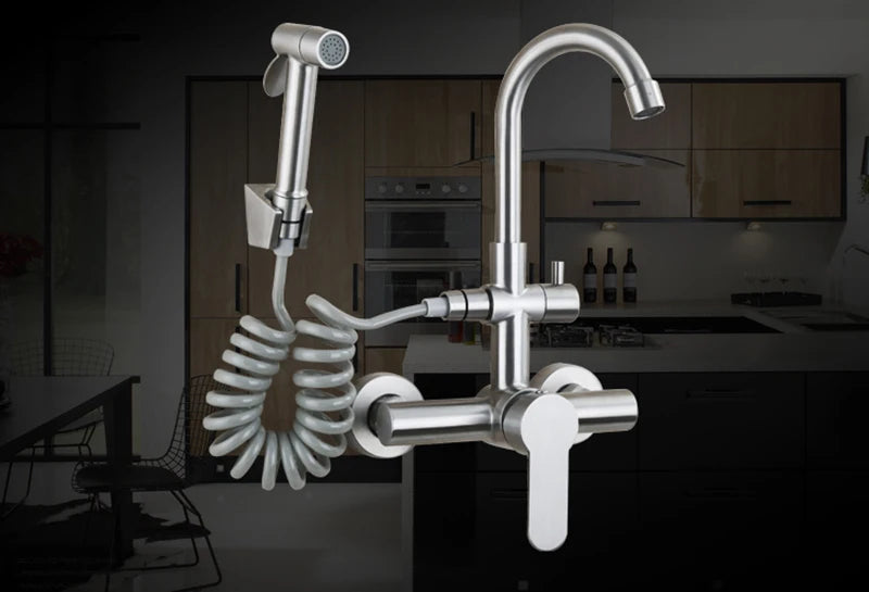 Kitchen Faucet Stainless Steel Double Hole Hot and Cold Mixing Tap Wall Mount Balcony Laundry Swivel Tap With Spray Gun 주방수전