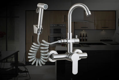 Kitchen Faucet Stainless Steel Double Hole Hot and Cold Mixing Tap Wall Mount Balcony Laundry Swivel Tap With Spray Gun 주방수전