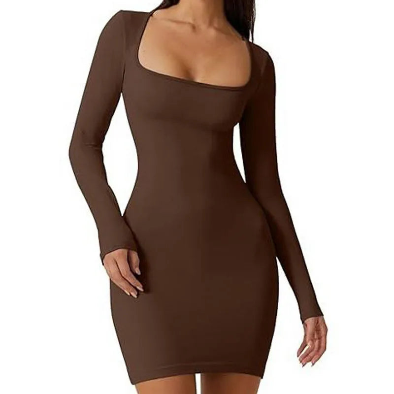 Wpnaks Frauen Bodycon Kleid Frühling Herbst Kleidung einfarbig sexy Langarm quadratischen Hals schlanke Mini kleid Club Streetwear.