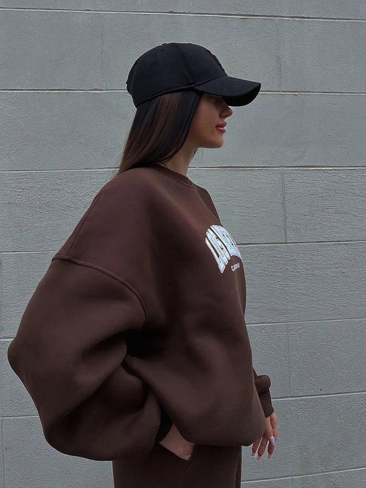 Warm Suit Autumn Winter Women Solid Set Elegant O-neck Pullover Hoodie And Pocket Trousers Two-Piece Set Lady Casual Loose Sets.