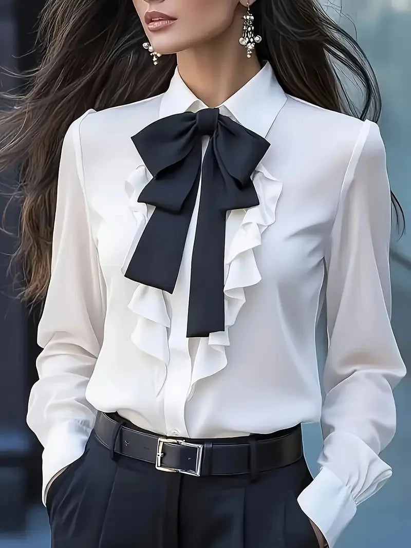 Autumn Solid Lace-up Bow Ruffled Shirt For Women Fashion Elegant Button Long Sleeve Casual Womens Tops And Blouses Women Clothes.