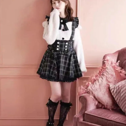 Japanese Gothic Lolita Ribbon Short Suspender plaid Skirt Girls Sweet Cute Lace A-Line Mini Skirts summer2025 black solid kawaii.