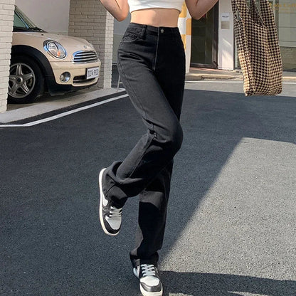 Frau Koreanische Hohe Taille Streetwear Gerade Bein Jeans Mädchen Y2k Kleidung Hosen Weibliche Mode Schwarz Baggy Harajuku Denim Hosen.