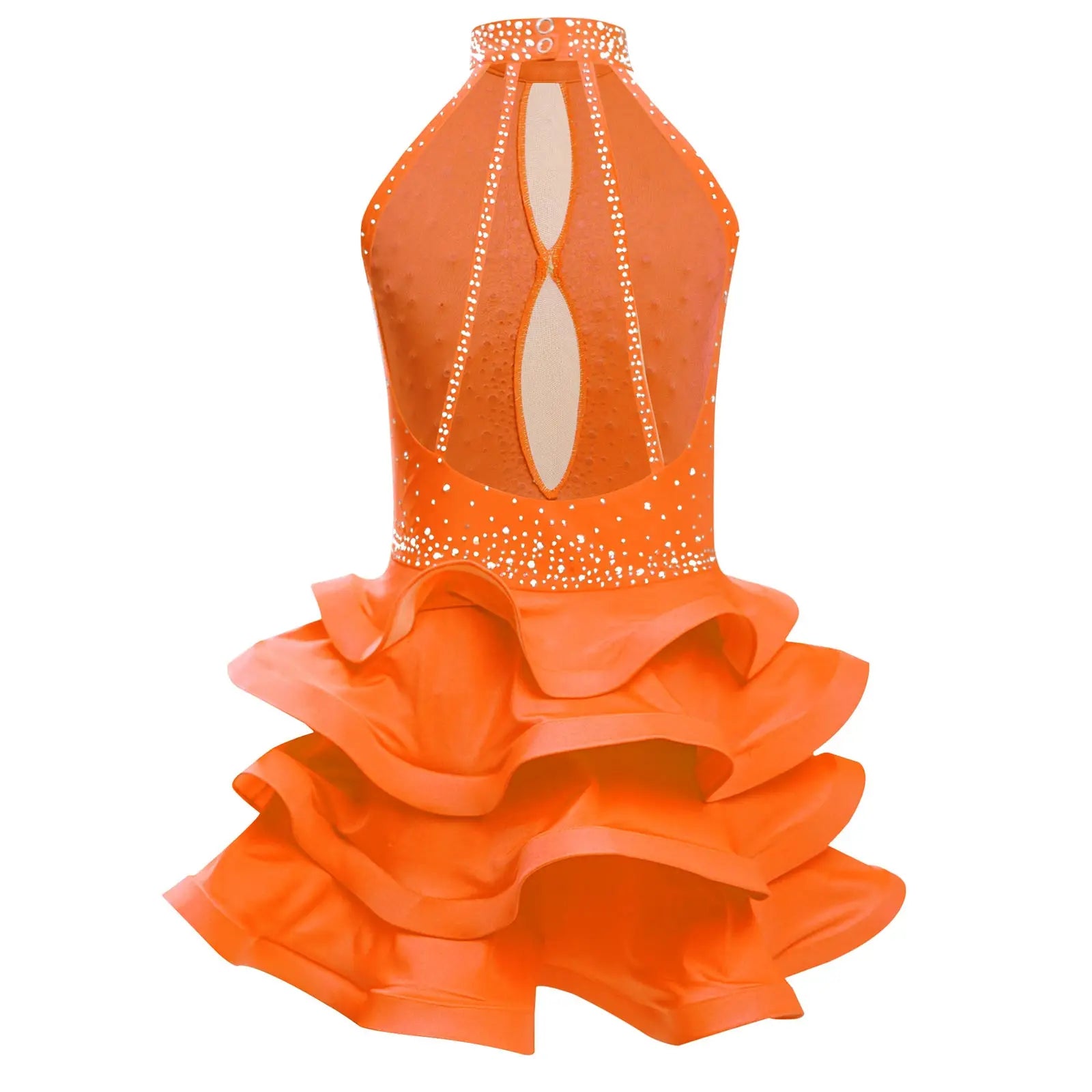 Eiskunstlauf-Kostüm für Teenager-Mädchen, lateinamerikanischer Tanz, Cha-Cha, Tango, Performance-Tanzbekleidung, ärmelloses, gestuftes Kleid mit Strasssteinen.