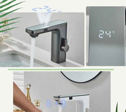rozin Touchless Sensor Basin Faucet Smart Digital Display Bathroom Sink Faucets Grey Brass Sense Hot Cold Water Mixer Tap Crane