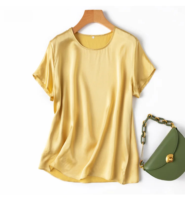 Women 100% Mulberry Silk 19 Momme half sleeve Crew Neck Top Shirt Blouse T-shirt More Colors M L XL MM4270