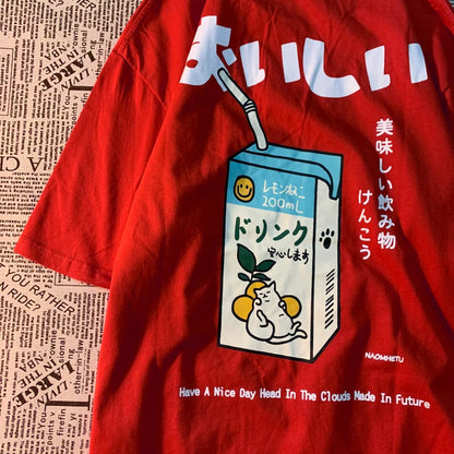 Cute Japanese Cat Print Oversized T-shirt Women Men Short Sleeve Loose Casual Tee Shirt Streetwear Tops Cotton Harajuku Clothing.