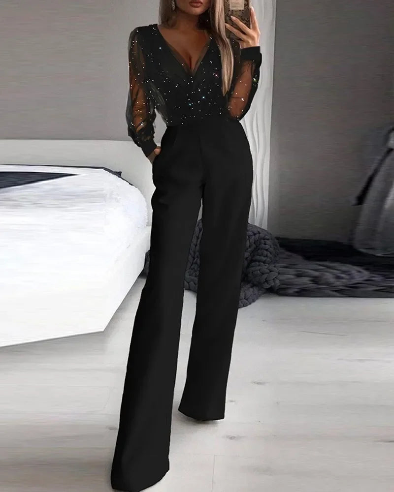 Jumpsuit Women Elegant Slim Long Pants One Piece Outfit V-neck Party Club Rompers Summer 2025 Sexy Lace Straight Leg Jumpsuits.