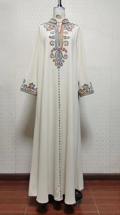 Dubai Muslim New Fashion Women's Embroidereid Long Sleeve V-neck Loose A-line Ankle Length Dresses Female Trendy Elegant Clothes.