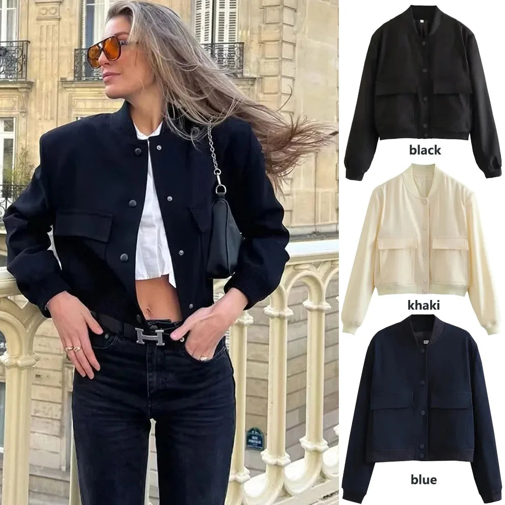 1PCS Frau Bomber Jacke Mantel Weiß Herbst Winter Taste Baseball Aviator Gestellte Jacken für Frauen Langarm Crop Oberbekleidung.