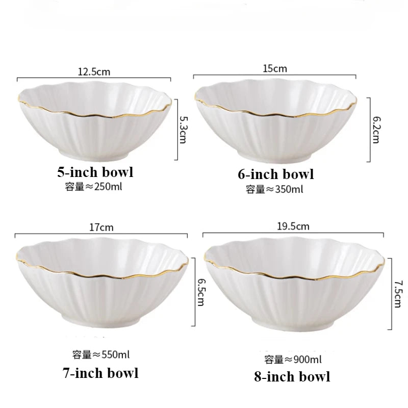 European high-end gold edged ceramic bowl, fruit salad bowl, household breakfast rice noodle bowl, hotel restaurant tableware.