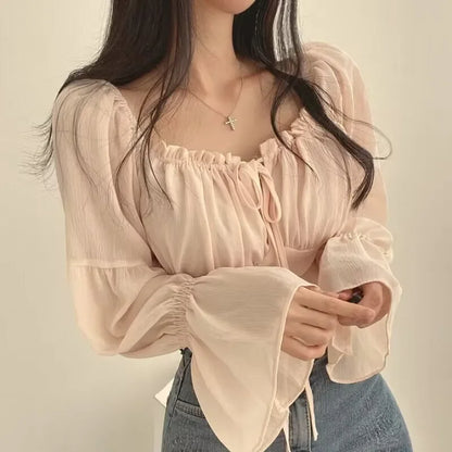 Chic Korean Summer 2024 Square Collar Wooden Earring Sleeve Chiffon Blouse Waist-Fitted Flare Cropped Shirt For Women.