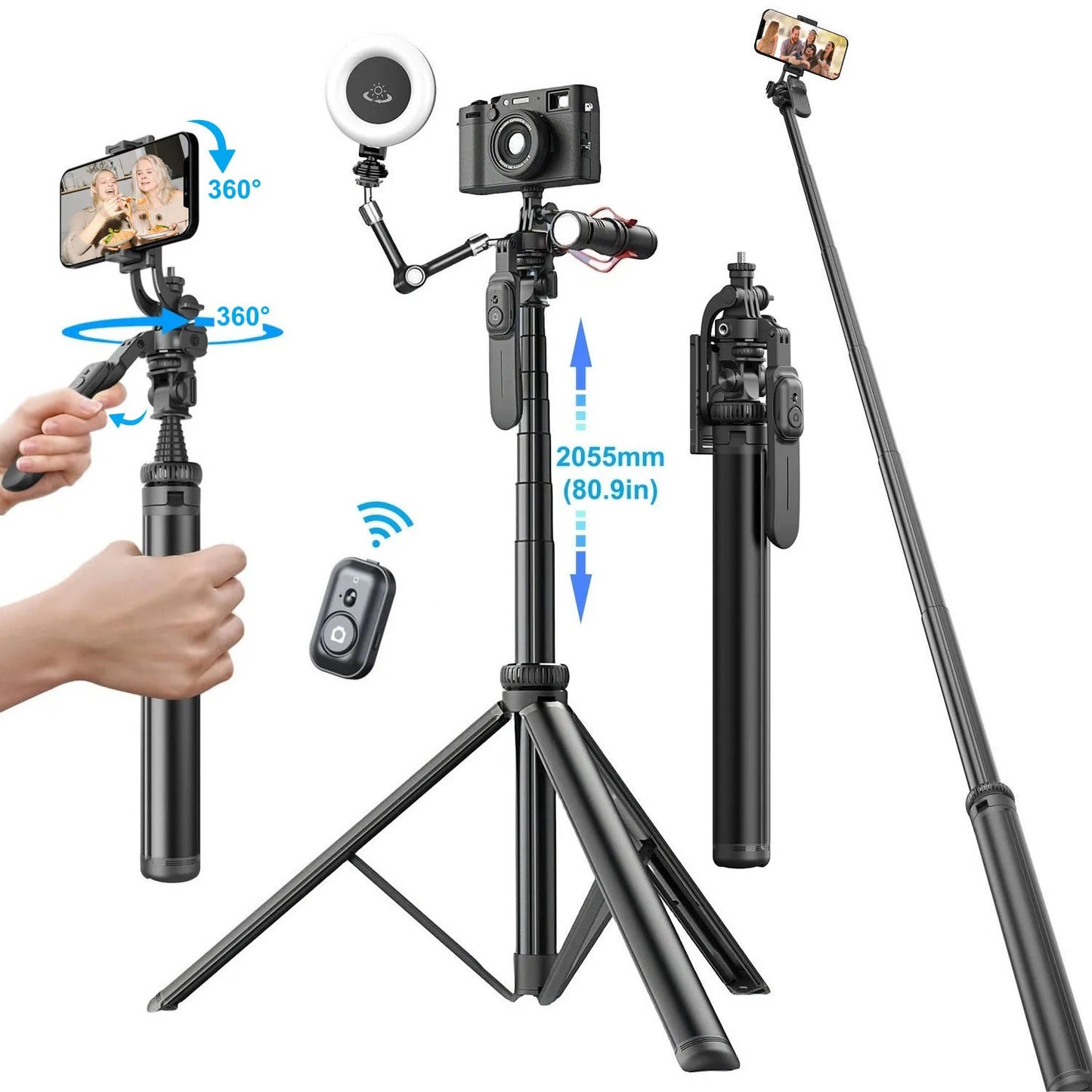 Selfie Stick Tripod with Remote for iPhone Phone Gopro DSLR Camera, 2.0m Extendable Phone Tripod Cold Shoe Mount for Vlog Videos.