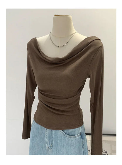 Off-The-Shoulder Long Sleeve T-Shirt Women's Early Autumn New Slimming Design Korean Style Sweet And Spicy Fashion Tops.