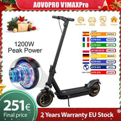 AOVOPRO V1MAX PRO 1200W Electric Scooter 45KM Max Range 35KM/H 500W Motor Power 42V14.5AH Folding Electric Scooter for Adults.
