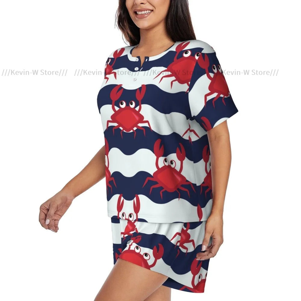 Damen-Pyjama-Set, nautische Krabben, niedliche Krabben und gestreifter Hintergrund, Sommer-Kurzarm-Anzug für Damen, Homewear.