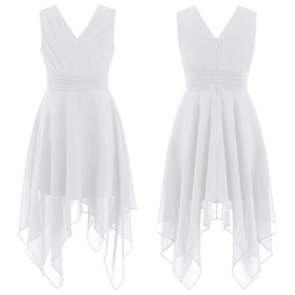 Blumenmädchen-Chiffonkleid mit floraler Spitze, Sommer, ärmellos, hoher, niedriger Saum, formelles Hochzeitskleid für Brautjungfer, Junior, Prinzessin