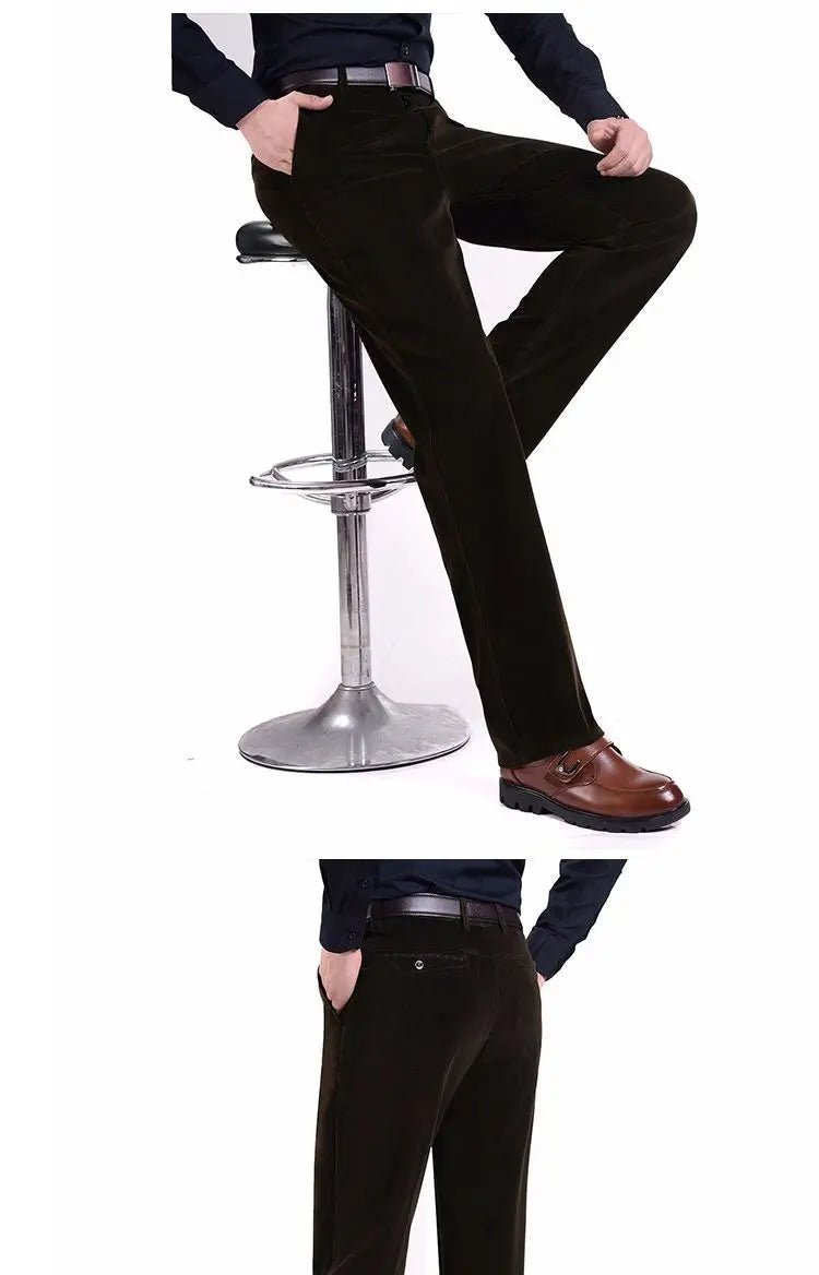 Business Casual Men Corduroy Pants Autumn Winter New Solid Zipper Pockets Simplicity Fashion Loose Thicken Straight Trousers.