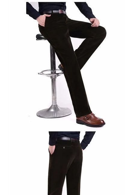 Business Casual Men Corduroy Pants Autumn Winter New Solid Zipper Pockets Simplicity Fashion Loose Thicken Straight Trousers.