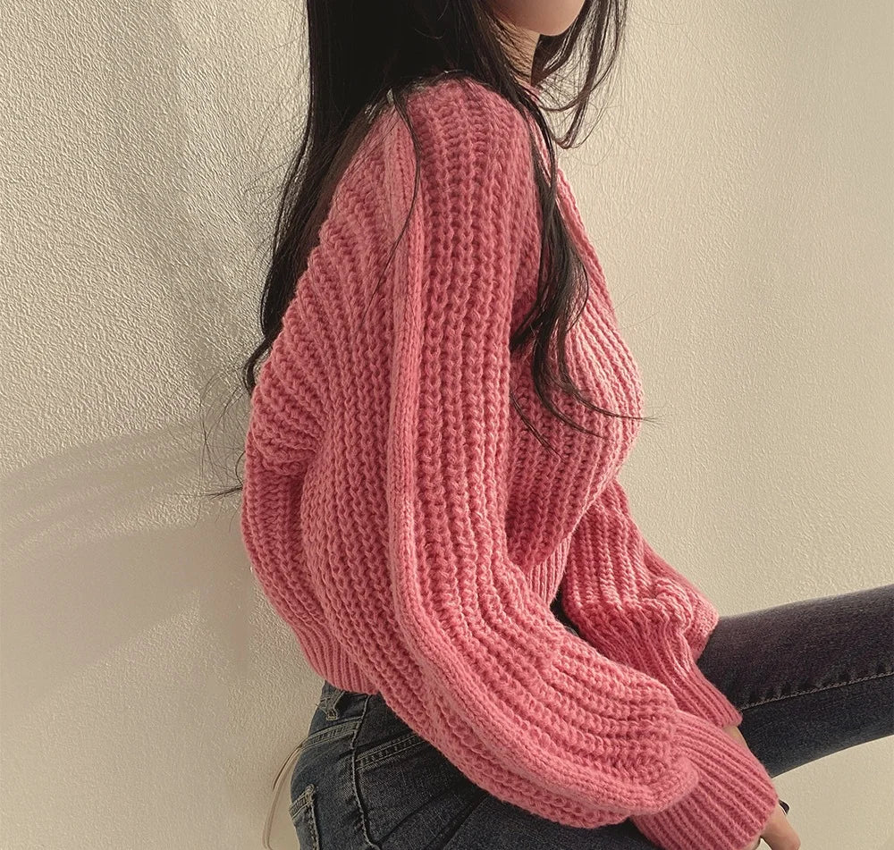 Koreanische Lose Langarm Pullover Mode Frauen Harajuku Laterne Stricken Oansatz Solide Grund Jumper Herbst Winter Weiche Warme Pullover.