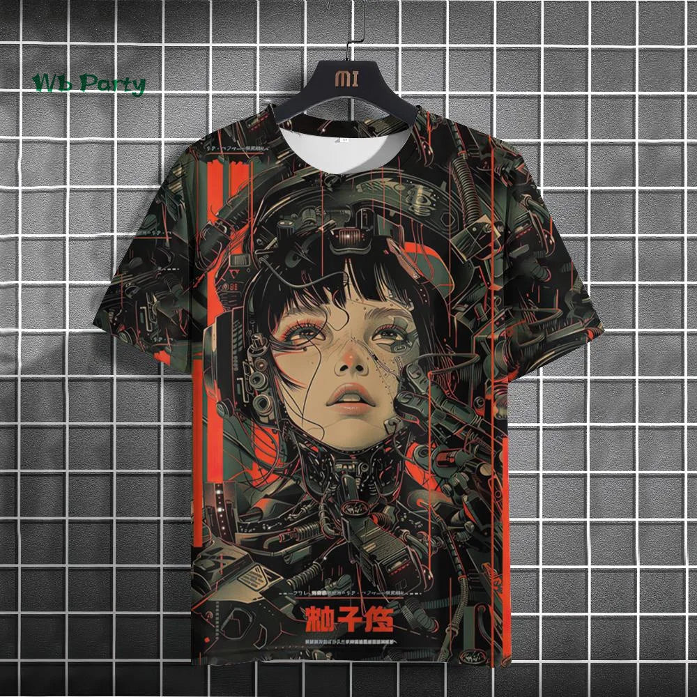 Japanese Men's T-Shirt 3D Cyber Mechanical Pattern Short Sleeve T-Shirt Oversized Harajuku Top Summer Men's Street Casual Tshirt.
